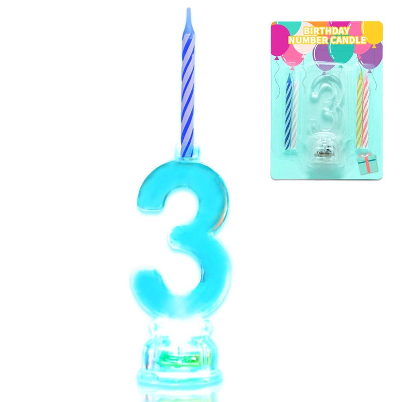 Novelty Place Birthday Number Candle Set, Flashing Multicolor Changing LED Birthday Cake Topper with 4 Wax Candles (Number 3) - Image 1